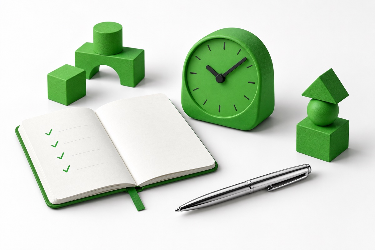 An illustrated workbench with a green timer, a notebook and small building blocks